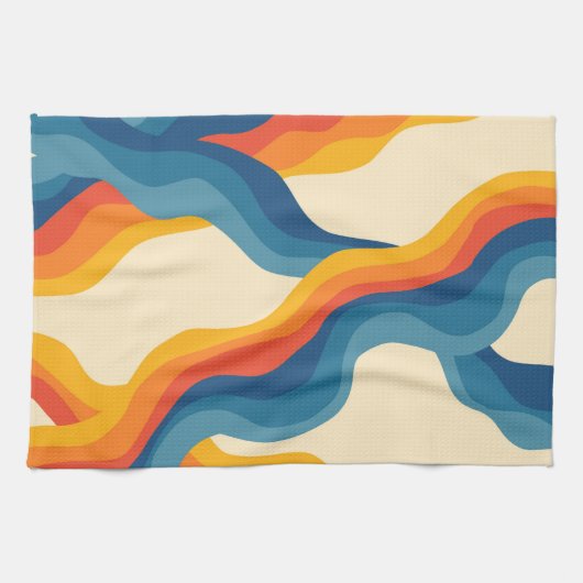 Abstracte Oranje Blue Retro Wavy Stripe Modern Bol Theedoek (Horizontaal)