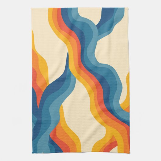 Abstracte Oranje Blue Retro Wavy Stripe Modern Bol Theedoek (Verticaal)