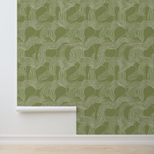 Abstracte organische lijnkunst op olijfgroen behang