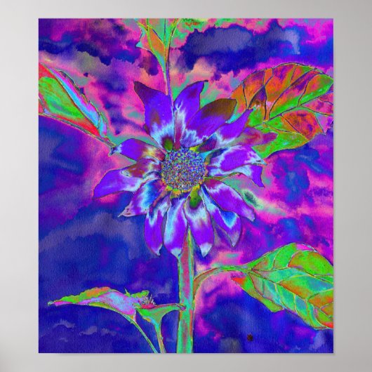 Abstracte paarse blauwe zonnebloem | Retro funky-l Poster (Voorkant)