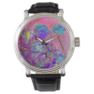Abstracte paarse en blauwe hortensia met magenta horloge