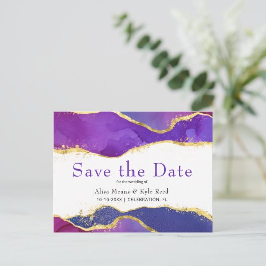 Abstracte Paarse Fuchsia Gold Save the Date Aankondigingskaart (Staand voorkant)