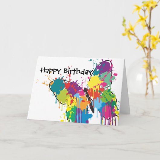 Abstracte Paint Splash Butterfly Happy Birthday Kaart (Gele Bloem)