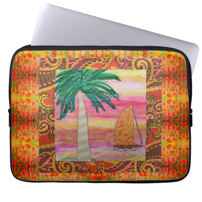 Abstracte palmboom en zeilboot laptop sleeve (Voorkant)