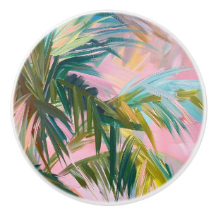Abstracte Palmschijfje op Roze Olieschilderij Trop Keramische Knop