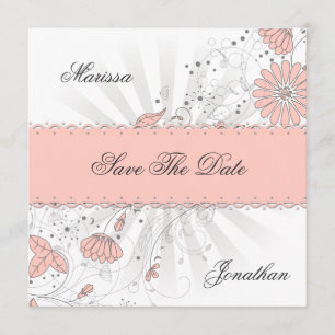 Abstracte Peach Flowers Grey Sunburst Save the Dat Date