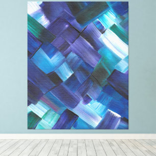 Abstracte penseelstreken in blauw, turquoise en pa canvas afdruk