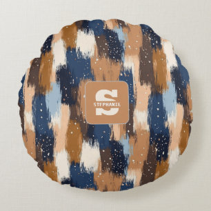Abstracte penseelstreken in blauw, wit en bruin (2 rond kussen