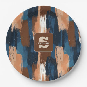 Abstracte penseelstreken in blauw, wit en bruin papieren bordje