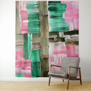 Abstracte penseelstreken in groen, roze en bruin wandkleed