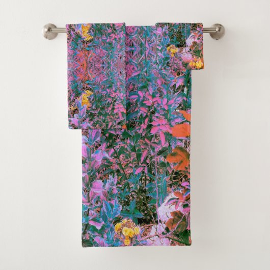 Abstracte perzik, roze groene en aquabladtuin bad handdoek (Insitu)