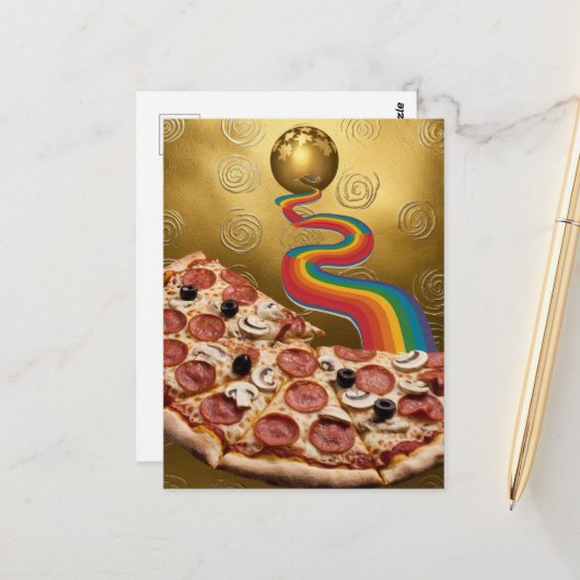 Abstracte Pizza Rainbow Gold Spirals Sci-fi Briefkaart (Voorkant / Achterkant in situ)