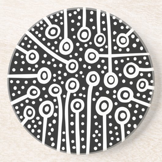 Abstracte Planten - Wit op Zwart Zandsteen Onderzetter (Voorkant)