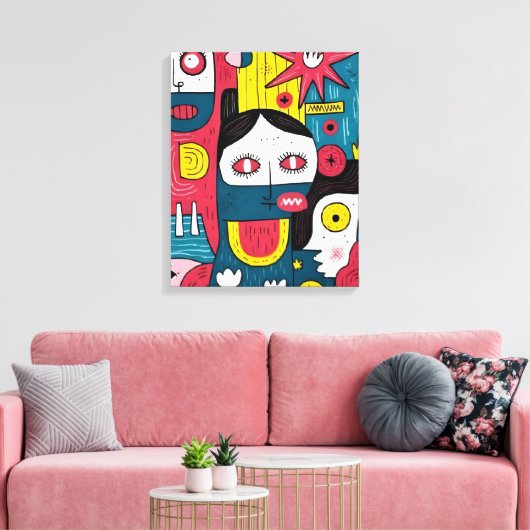 Abstracte Pop Art Faces – Modern Doodle Expression Canvas Afdruk (Insitu (Woonkamer))