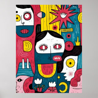 Abstracte Pop Art Faces – Modern Doodle Expression Poster