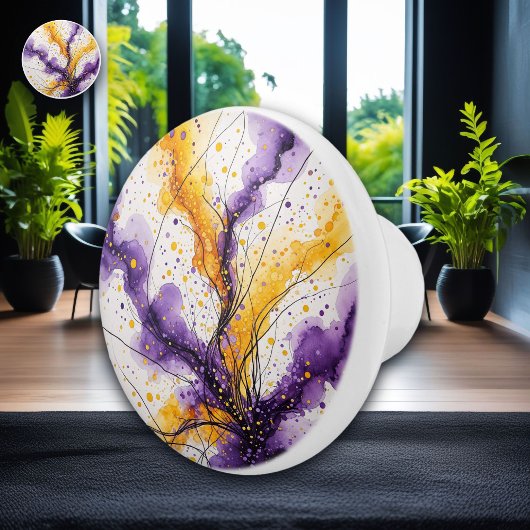 Abstracte pruim en gele Waterverf Keramische Knop