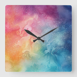 Abstracte Rainbow Clouds Aquarel Liquid Art Vierkante Klok
