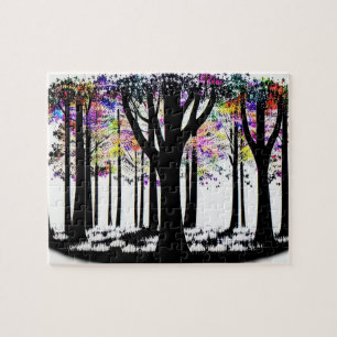 Abstracte Regenboog Confetti in Silhouette Forest Legpuzzel
