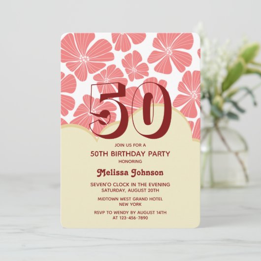 Abstracte Retro Rode Kamille Bloem Verjaardag Kaart (Staand voorkant)