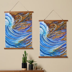 Abstracte rimpelgolven in blauw en goud hangend wandkleed