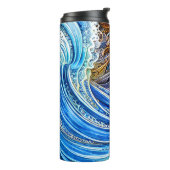 Abstracte rimpelgolven in blauw en goud thermosbeker (Gedraaid links)