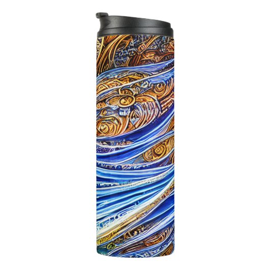 Abstracte rimpelgolven in blauw en goud thermosbeker (Geroteerd rechts)