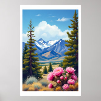 Abstracte Rocky Mountains Dennenbomen Cactus Poster