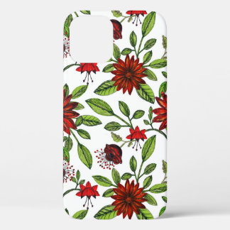 abstracte rode bloemen en groene bladeren op witte iPhone 12 hoesje