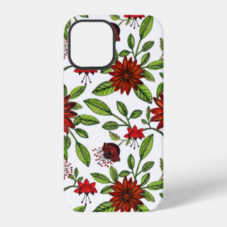 abstracte rode bloemen en groene bladeren op witte iPhone 12 hoesje