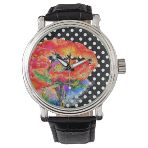 Abstracte rode bloemige waterverf papaver stippen horloge