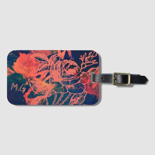 Abstracte rode roos kunst monogram bagagelabel (Voorkant (horizontaal))