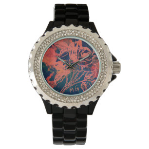 Abstracte rode roos kunst monogram horloge