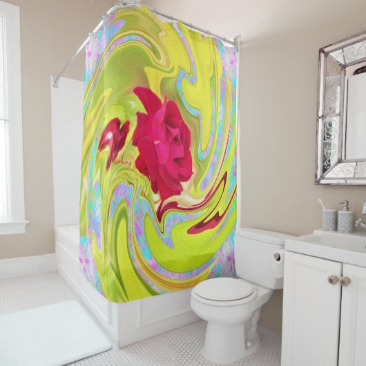 Abstracte rode roze op Geel en Aqua Swirl Douchegordijn (In situ)