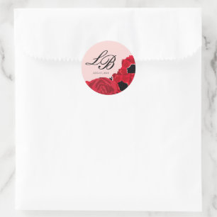 Abstracte rode rozen en klaprozen bruiloft ronde sticker