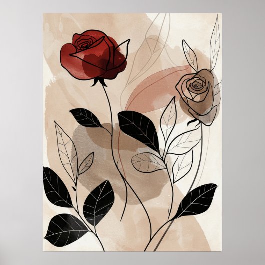 Abstracte Rode Zwarte Rozen Groene bladeren Line A Poster (Voorkant)
