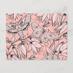 Abstracte roze bloemen en bugs briefkaart