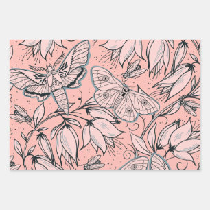 Abstracte roze bloemen en bugs inpakpapier vel