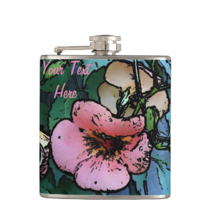 abstracte roze en zwarte bloemen heupfles