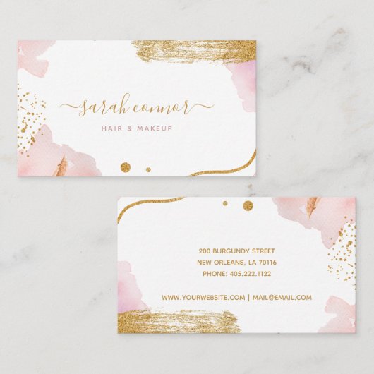 Abstracte roze Gold Script-Waterverf Visitekaartje (Voorkant / Achterkant)