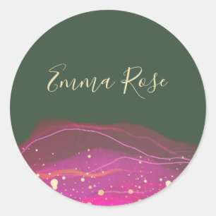 Abstracte roze groene Waterverf Gold Splatter Ronde Sticker