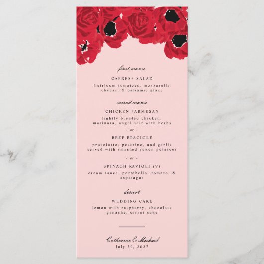 Abstracte rozen en klaprozen bruiloft menu (Voorkant)