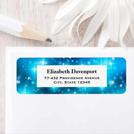 Abstracte ruimte met blauwe mousserende lampjes etiket (Insitu)