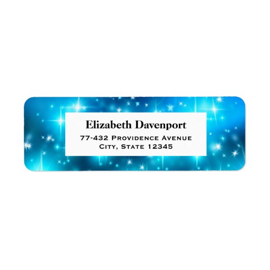 Abstracte ruimte met blauwe mousserende lampjes etiket (Voorkant)