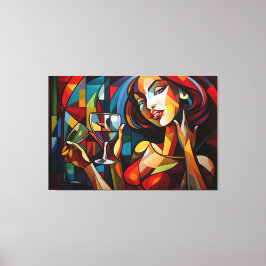 Abstracte schilderende vrouw die wijnglas houdt canvas afdruk