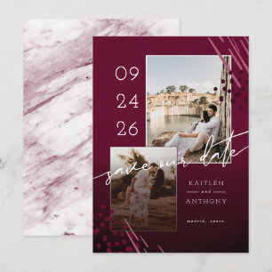 Abstracte Shapes Burgundy Marble Back & 2 Photos Save The Date