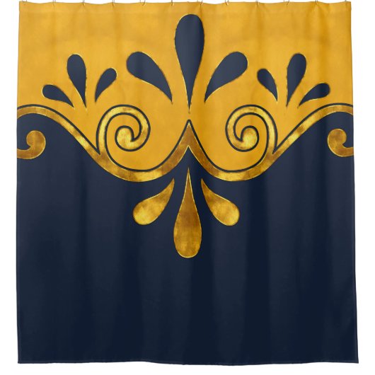 Abstracte siervorm in marinesblauw en goud douchegordijn (Voorkant)