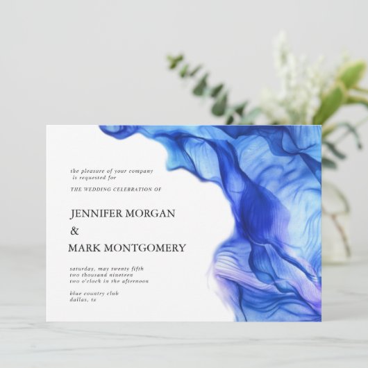 Abstracte Silk Blue bruiloft uitnodiging (Staand voorkant)