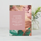 Abstracte smaragdgroene roze gouden trouwring kaart (Staand voorkant)