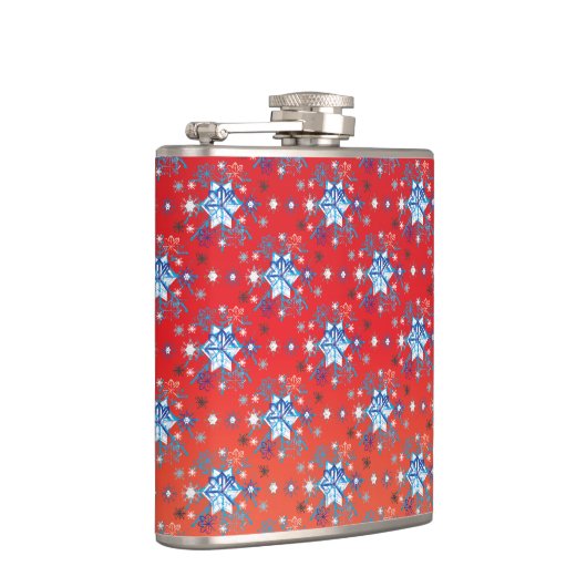 Abstracte sneeuwvlokken met rode en blauwe kerst heupfles (Rechts)