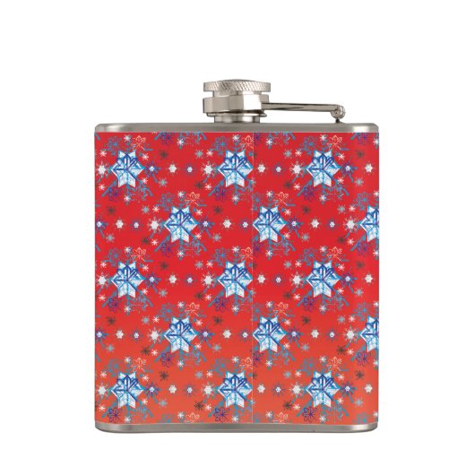 Abstracte sneeuwvlokken met rode en blauwe kerst heupfles (Achterkant)